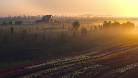 sun getting down in beautiful landscape with fairytale building in evening light