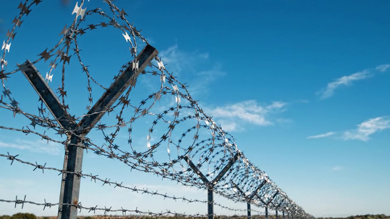 A Detailed Exploration of Barbed Wire Fencing under a Clear Blue Sky: An Insight into Security and Boundaries Represented by Sharp Metal Uses in Various Contexts