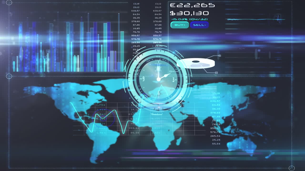 animación del escaneo del alcance con reloj sobre el procesamiento de datos sobre fondo negro