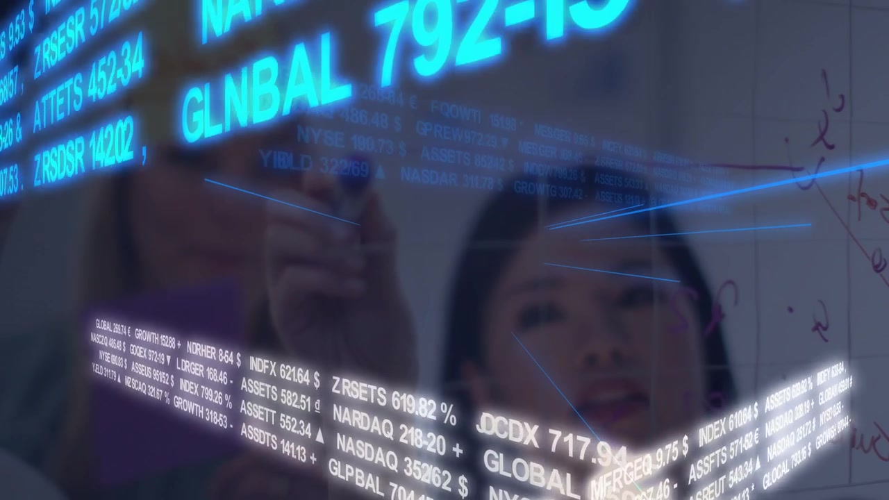 Analyst lifting marker and writing on glass as holo finance ribbon streaming ticker, team deciding