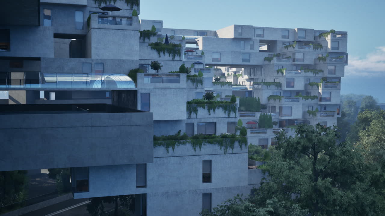 edificio de apartamentos de hormigón futurista con exuberante vegetación