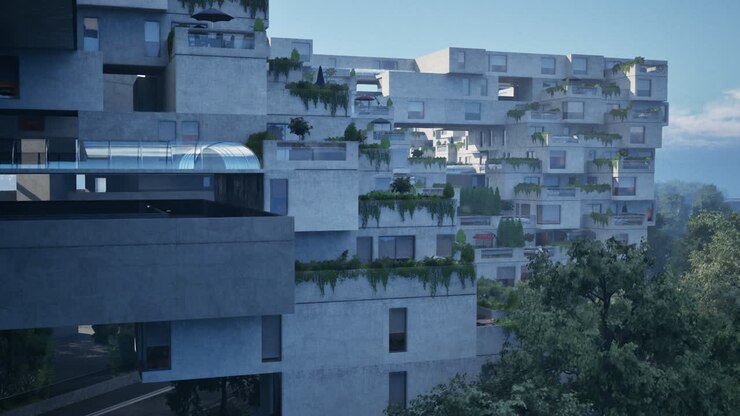 Edifício de Apartamentos de Concreto Futurista com Vegetação Exuberante.