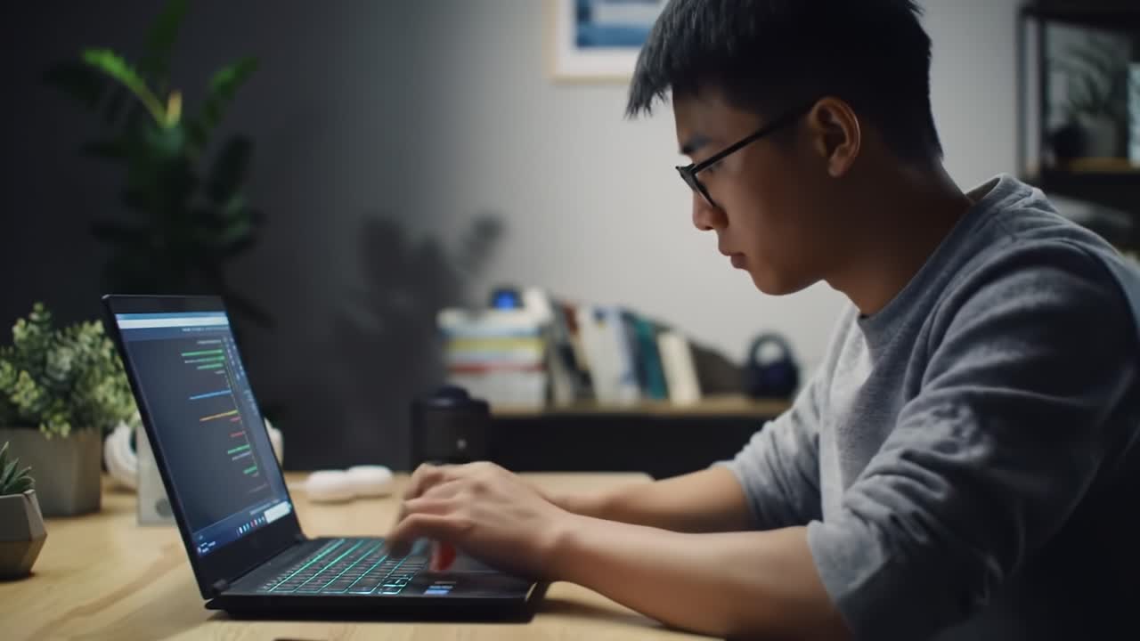 Focused Programmer Working Late at Night on Laptop, Engaged in Coding and Development in a Cozy Workspace with Modern Design Elements