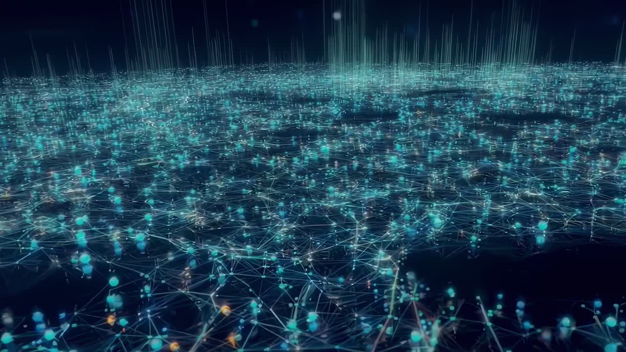 Futuristic network video with a low-angle view of glowing nodes and lines on a dark background