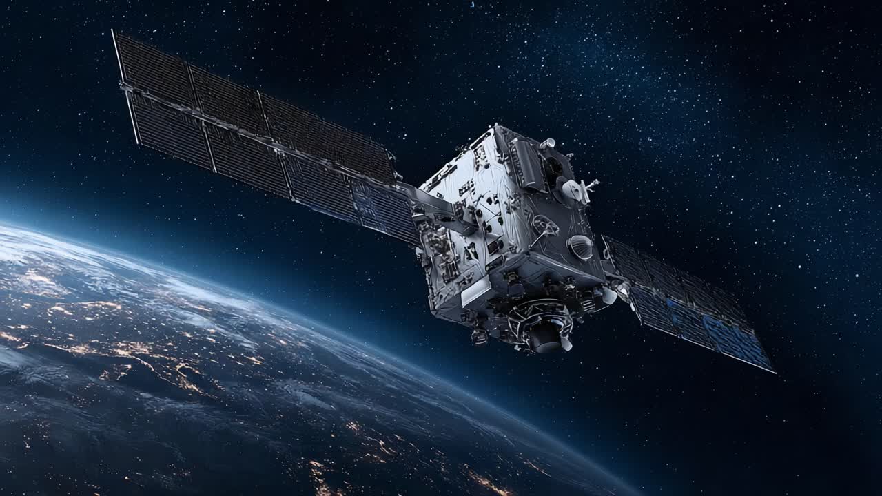 Udforskning og observation: En futuristisk satellit indfanger Jorden fra rummet med avanceret teknologi og solpaneler til bæredygtig strømproduktion