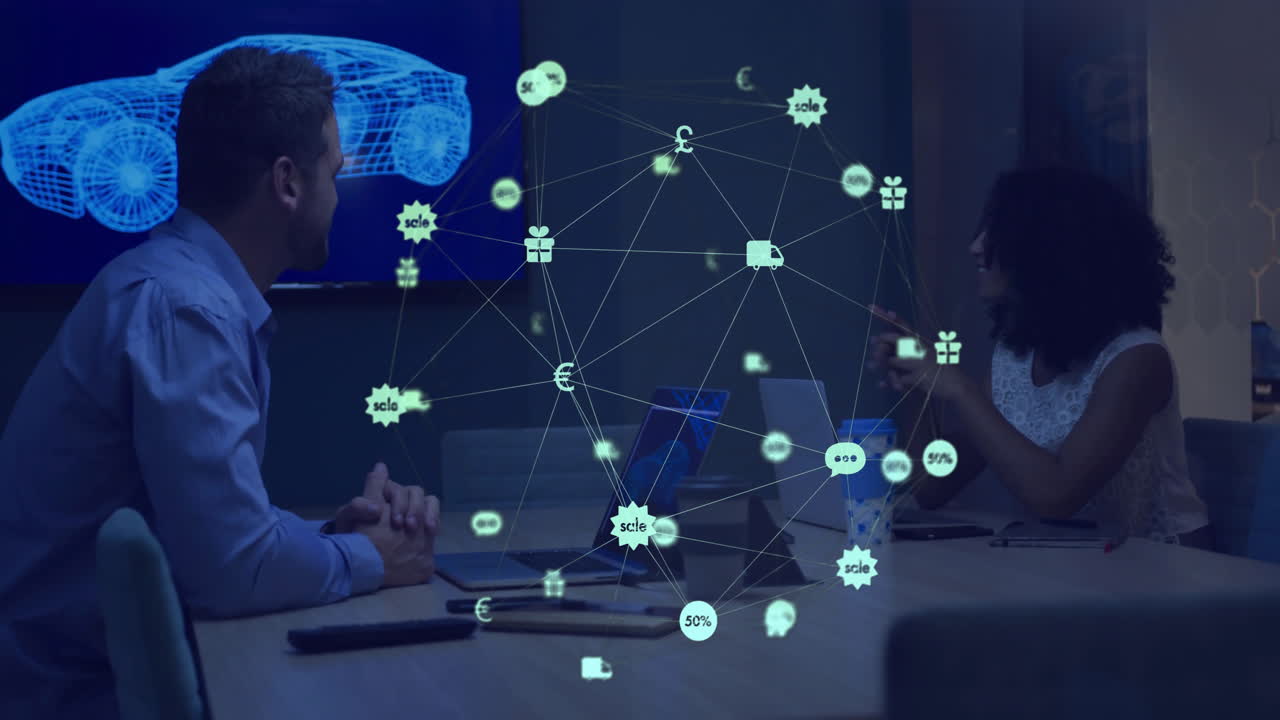 Animation of network of connections with icons over diverse colleagues discussing work in office