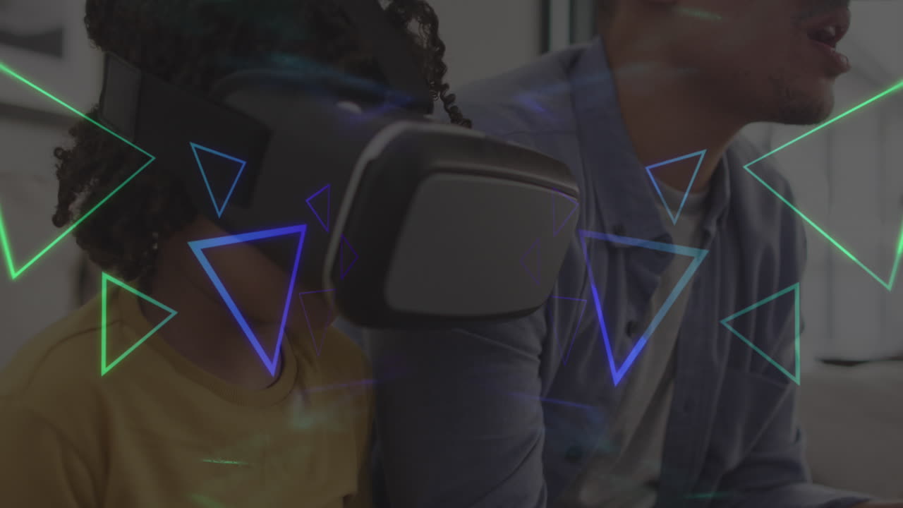 animación de formas de neón sobre un hombre afroamericano con su hijo usando auriculares vr