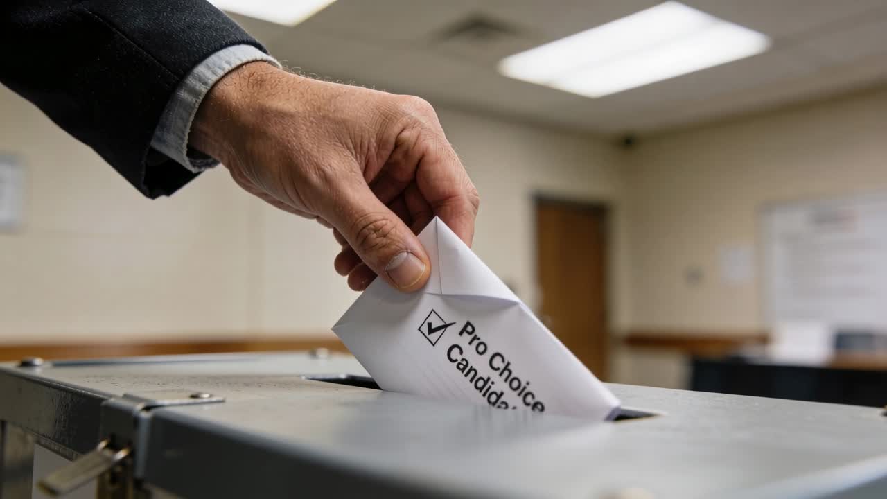 Vertical video: After marking, voter inserting Pro Choice ballot into box at poll, suit cuff seen