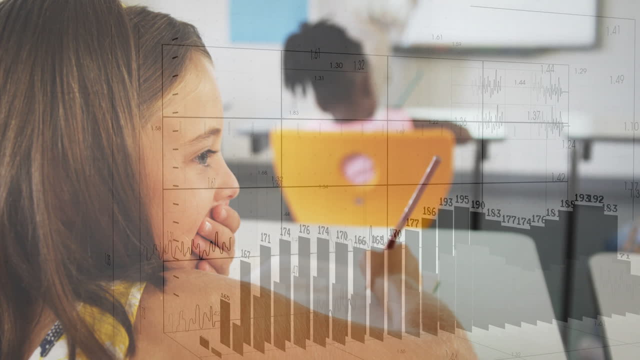Girl student resting chin on hand at desk, showing animated data charts for digital education