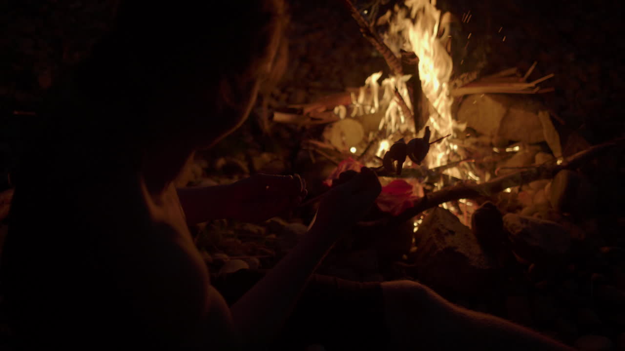 열려 있는 캠프 불 위 에 음식 을  ⁇ 는 사람 의 느린 움직임 의 실루 ⁇