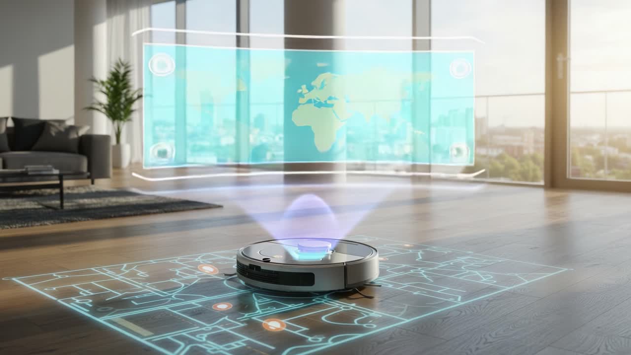 Innovative Robotic Vacuum Cleaner Projects Interactive Map in Modern Living Room, Showcasing Advanced Technology and Smart Home Features