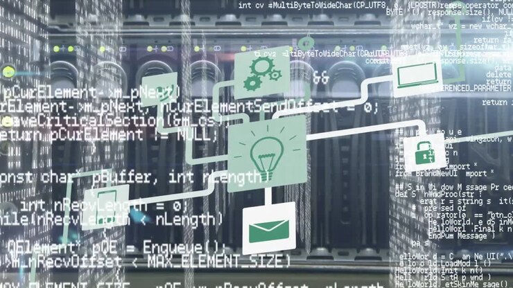 Animation af netværk af forbindelser med ikoner og databehandling over computerservere