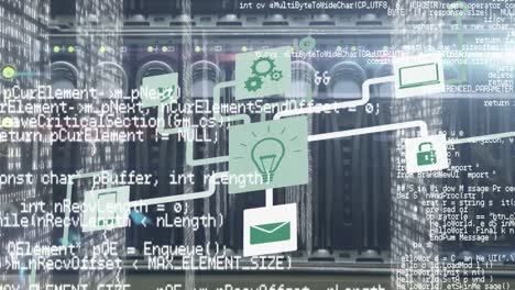animation of network of connections with icons and data processing over computer servers