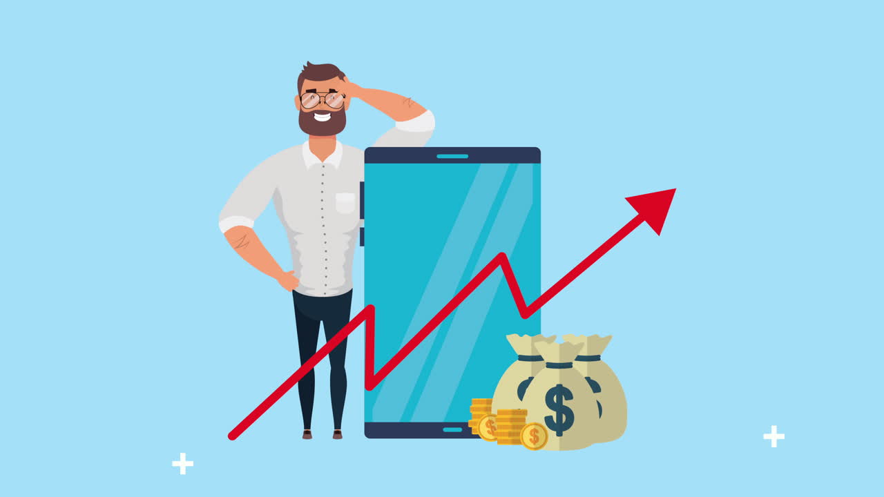 giovane uomo d'affari con smartphone e statistiche su frecce