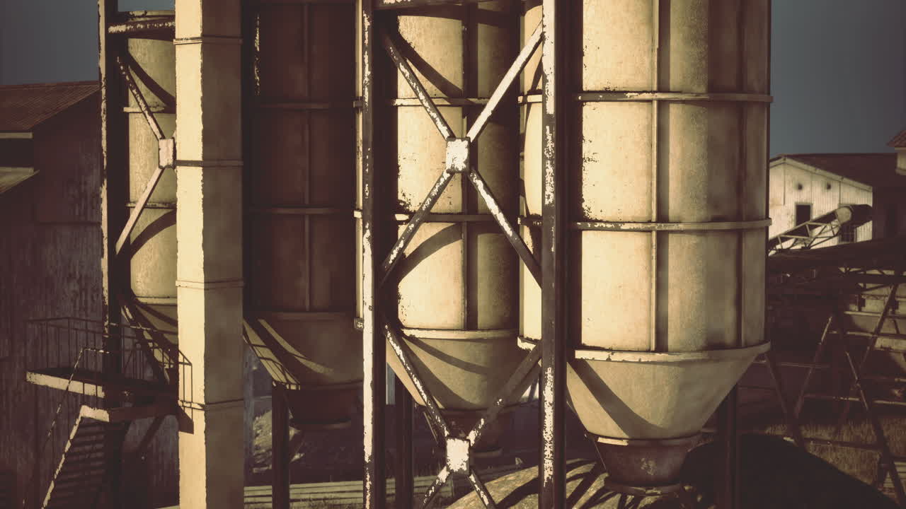 Industrial silos stand tall in a rustic farm landscape during golden hour