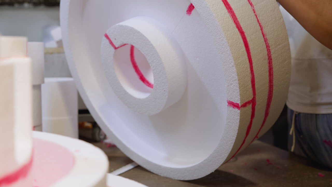 movimiento borroso de un trabajador que maneja cartón ondulado con líneas rojas