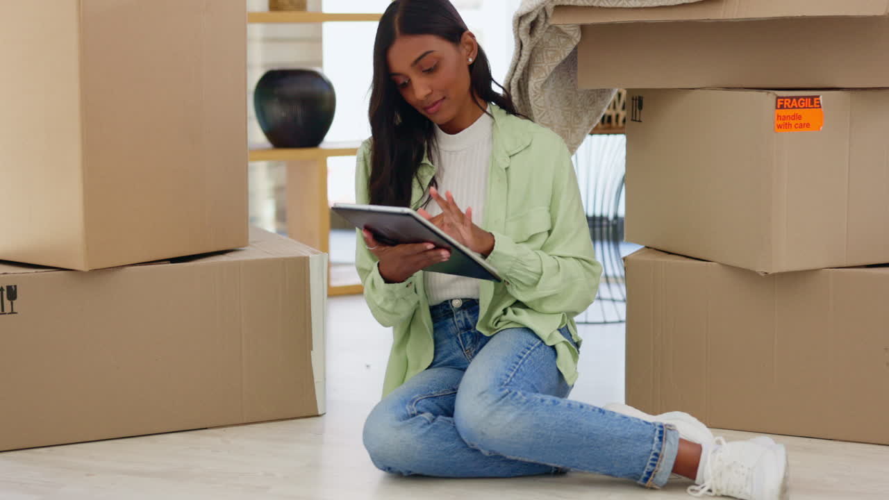 Boxes, digital tablet and woman on floor