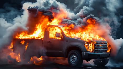 a truck is engulfed by flames and smoke