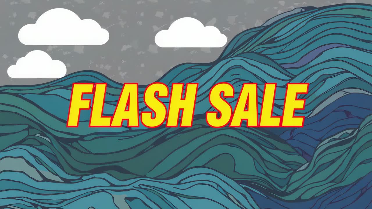 Displaying bold FLASH SALE banner over rolling blue-green wave art, fading in three cloud icons