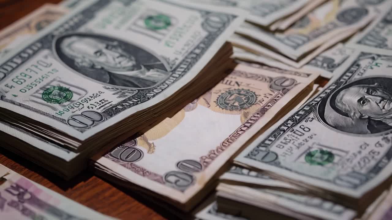 Stacks of US Dollar Bills and a Coin on a Wooden Table