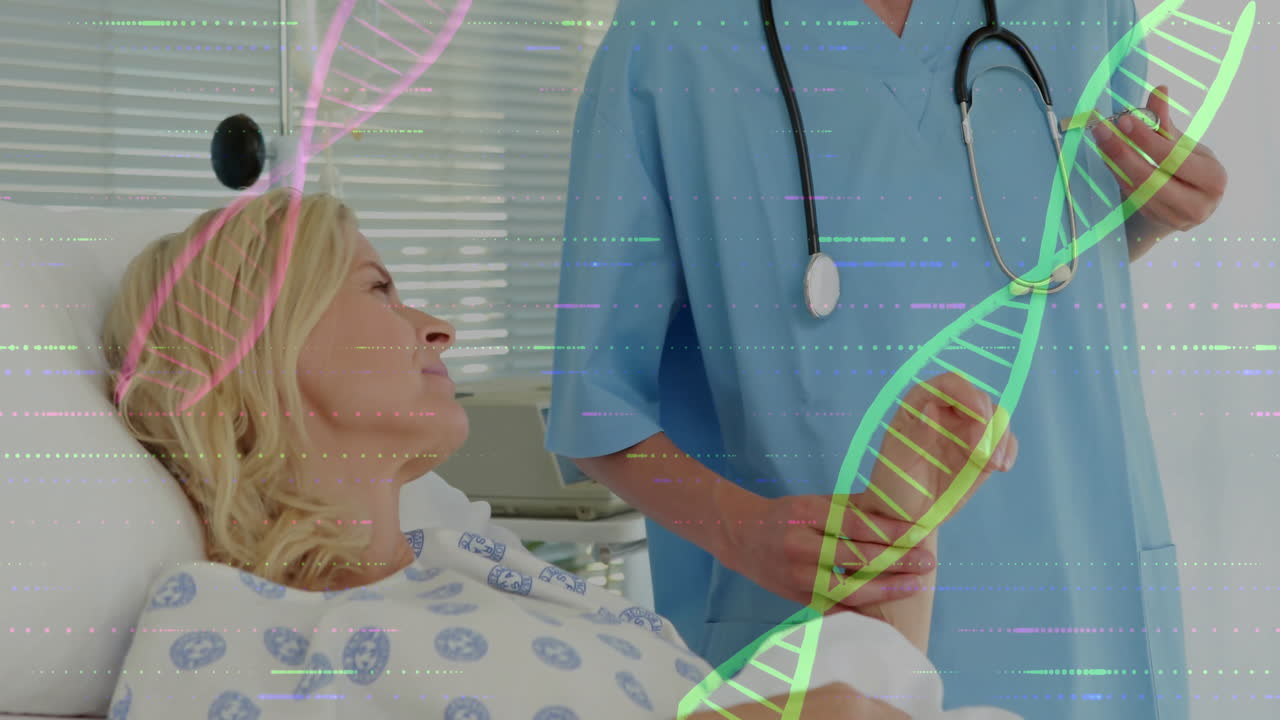 Healthcare provider holding patient hand in hospital room, showing DNA helix overlay and monitor