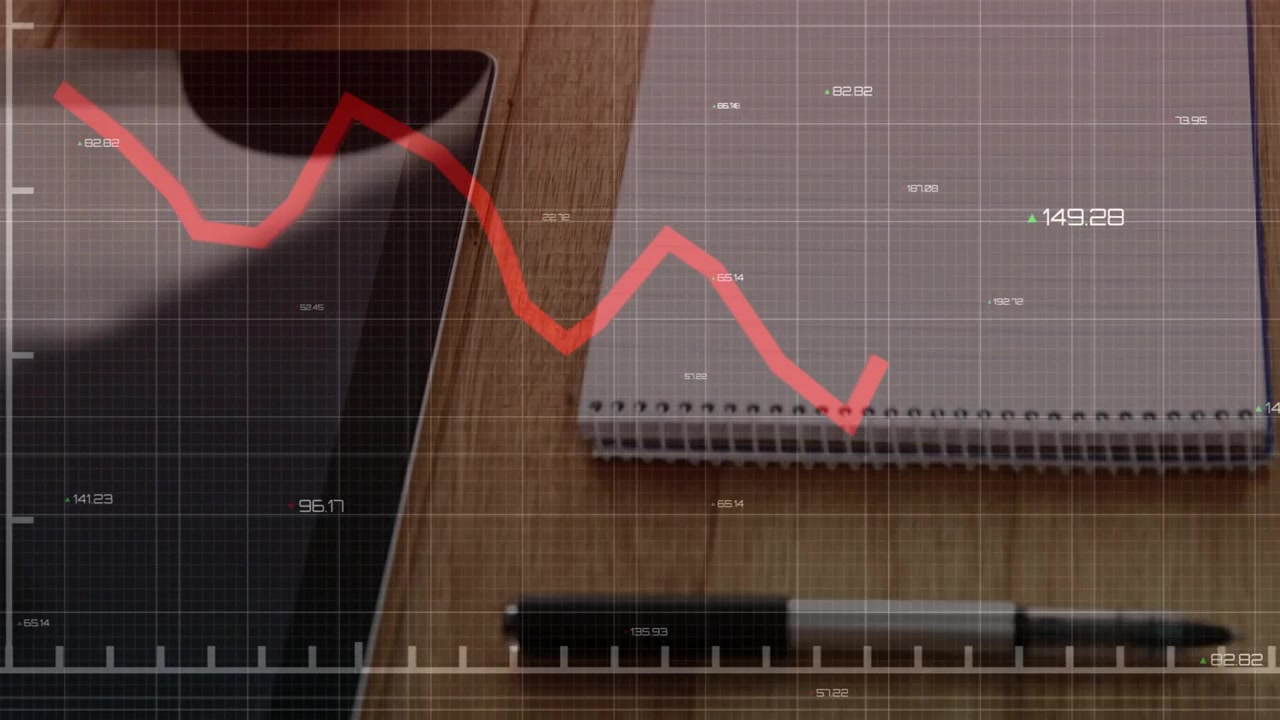 On start, red trend line entering left and zigzagging across notebook, showing market decline