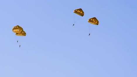 paratroopers jumping from a military airplane