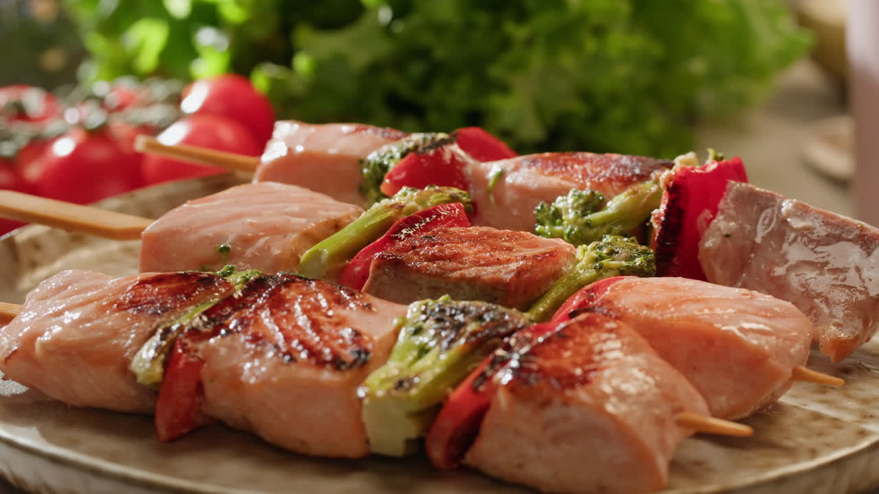 Grilled Salmon Skewers with Broccoli and Peppers