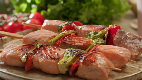 grilled salmon skewers with broccoli and peppers