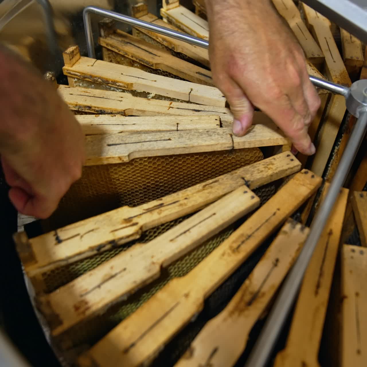 Male beekeeper puts the frame into the spare slot between the other frames. Honey frames are stacked close to each other. Top view