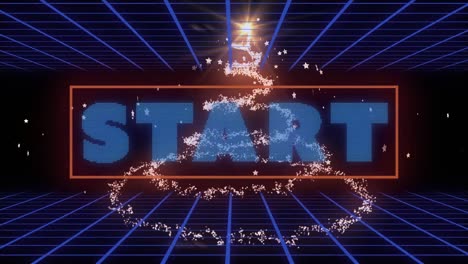 animación del texto de inicio sobre la cuadrícula azul y los senderos de luz brillante