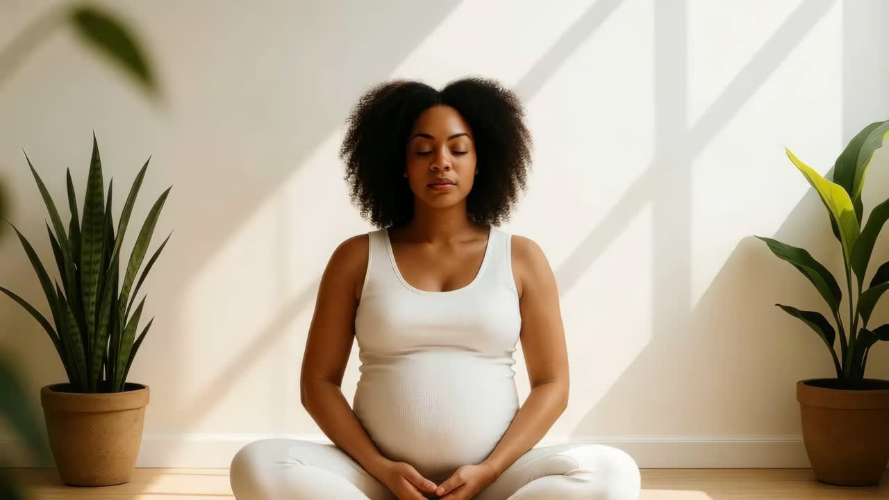 Image extraite d’une vidéo sereine d’une femme enceinte méditant dans une pièce ensoleillée