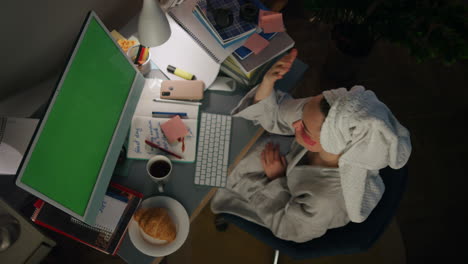 active girl videocalling mockup pc at home. freelancer explaining emotionally