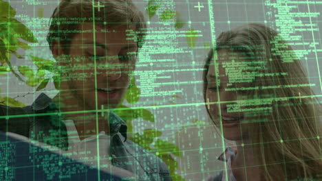 animation of data processing over grid network against caucasian boy and girl smiling at college