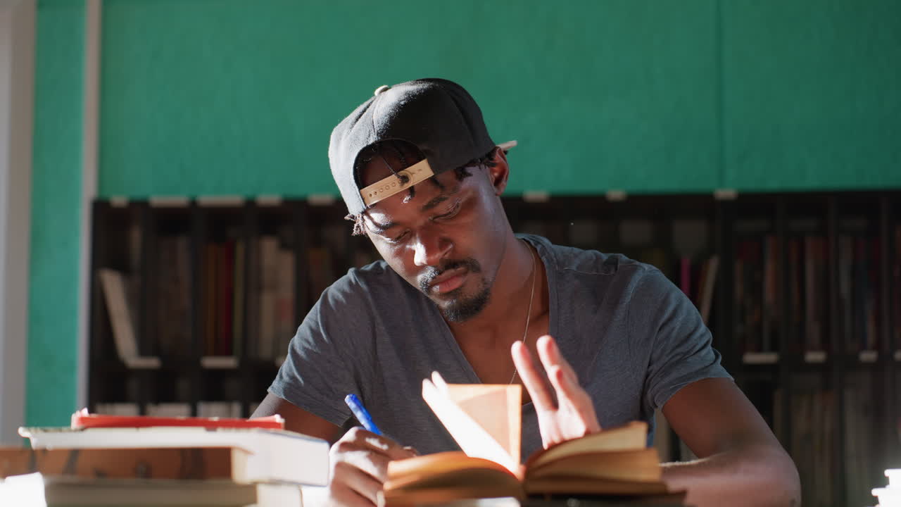 High school student sits at desk in library, writing in notebook with pen beside open book, surrounded by stacks of books, fully absorbed in intense study as sunlight illuminates workspace