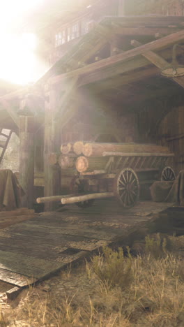 wooden cart under a rustic barn