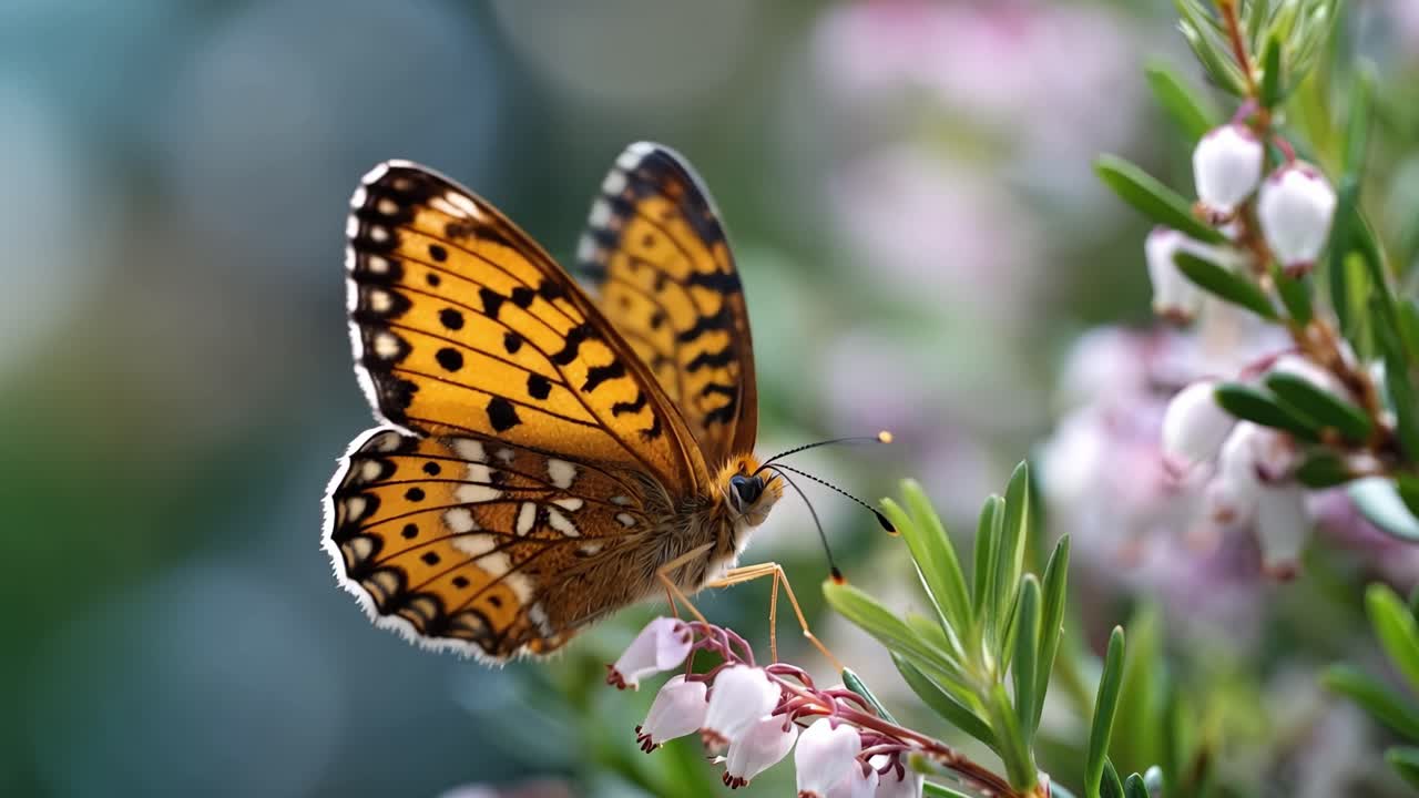 Una farfalla ornata si posa delicatamente su un ramo fiorito. Morbide sfumature di arancione e nero adornano le sue ali. Fiori delicati incorniciano l'insetto con grazia gentile