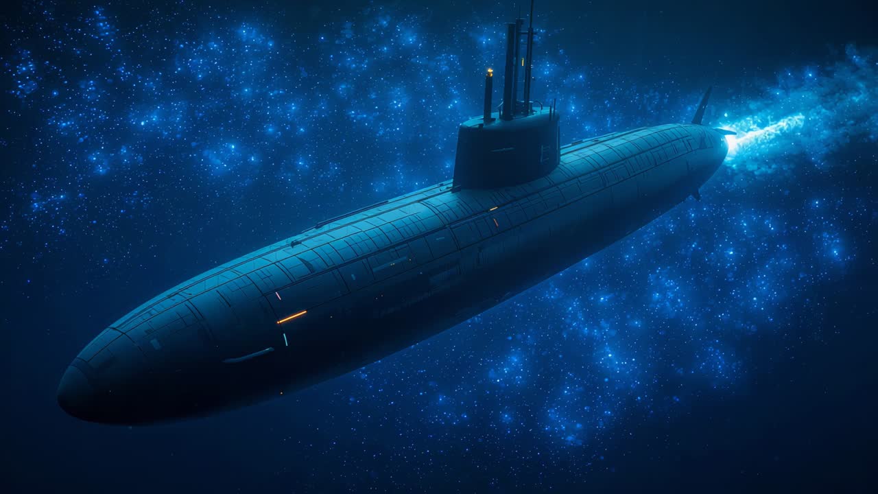 Powering submarine transiting ocean's bioluminescent zone, emitting stern wake and orange lights