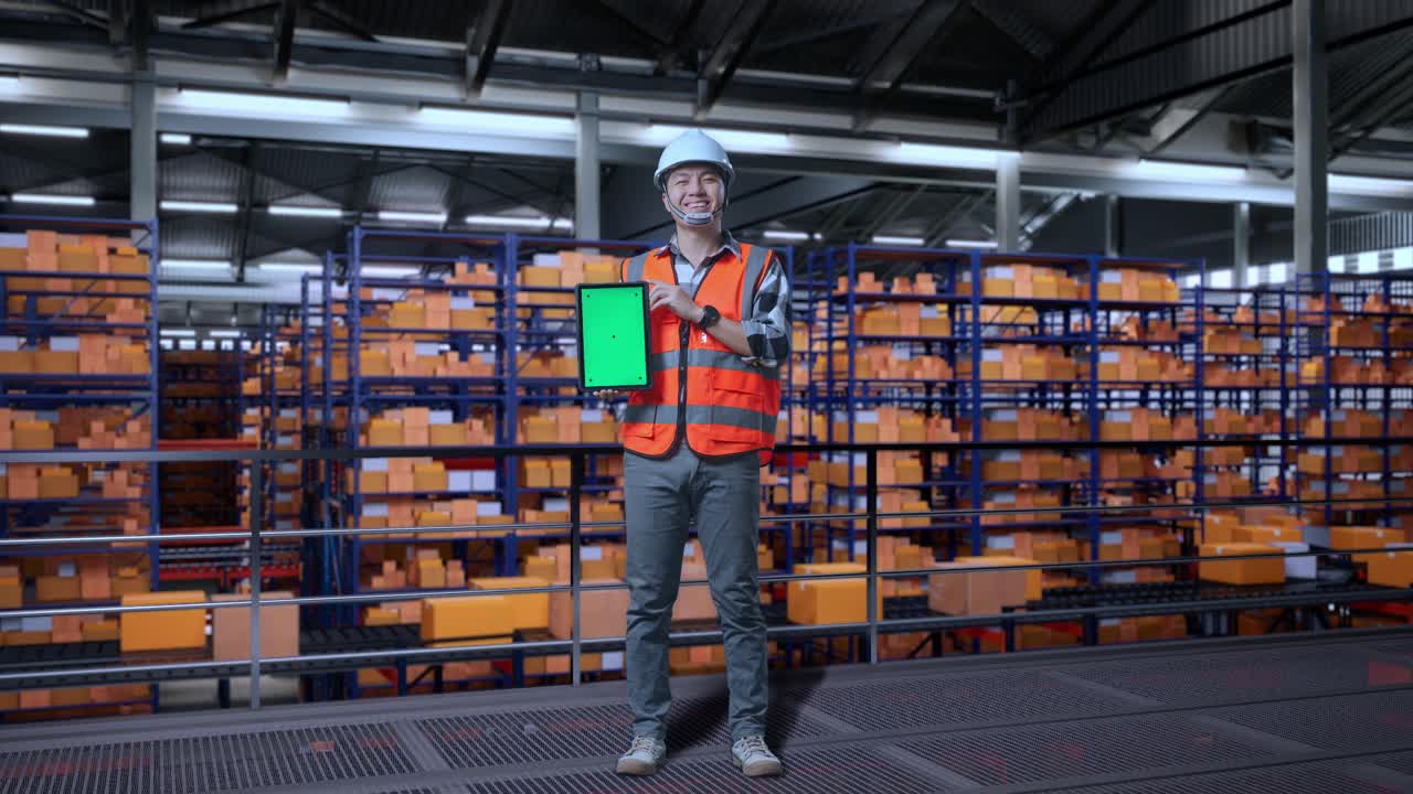 Full Body Of Asian Male Engineer With Safety Helmet Standing In The Warehouse With Shelves Full Of Delivery Goods. Smiling And Showing Green Screen Tablet To The Camera In The Storage