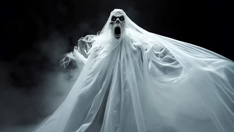 a ghostly figure in a white ghost costume with a black background