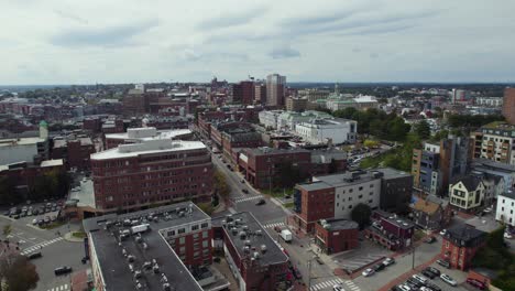 Portland-city-aerial-view-over-red-buildings-area-traffic-intersection