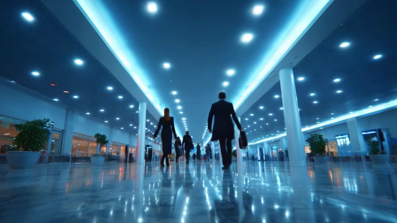 A dynamic and captivating view of a modern airport terminal filled with busy travelers walking purposefully down a sleek, illuminated corridor, capturing the essence of transit and movement in a vibrant environment