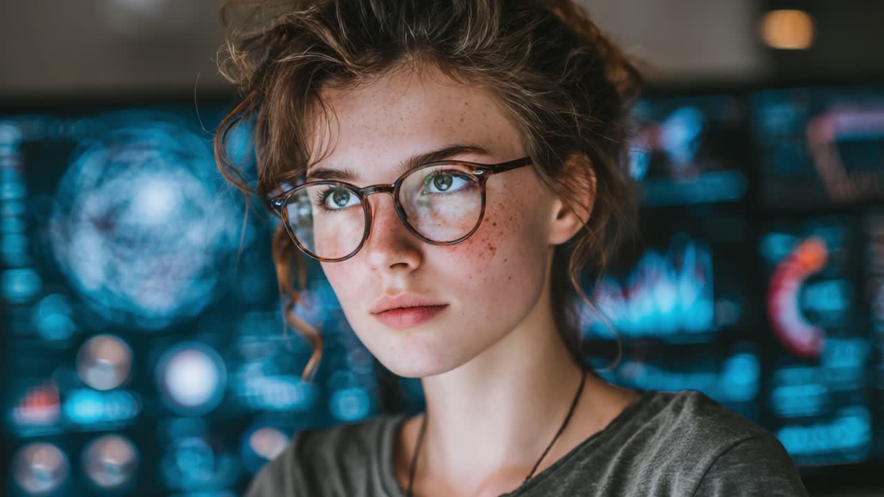 A Thoughtful Young Woman Analyzing Complex Data Visualizations and Graphics in a Modern Digital Environment, Reflecting Introspection and Engagement with Technology