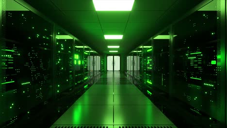 modern data center corridor with green lighting