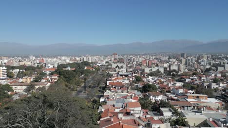 Aerial-rising-shot-of-city-of-Salta,-Northern-Argentina