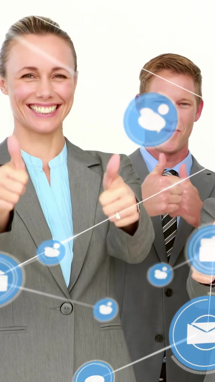 Video verticale: icone di notifica che appaiono, team che fa il pollice in su, che mostra collegamenti di rete digitale.