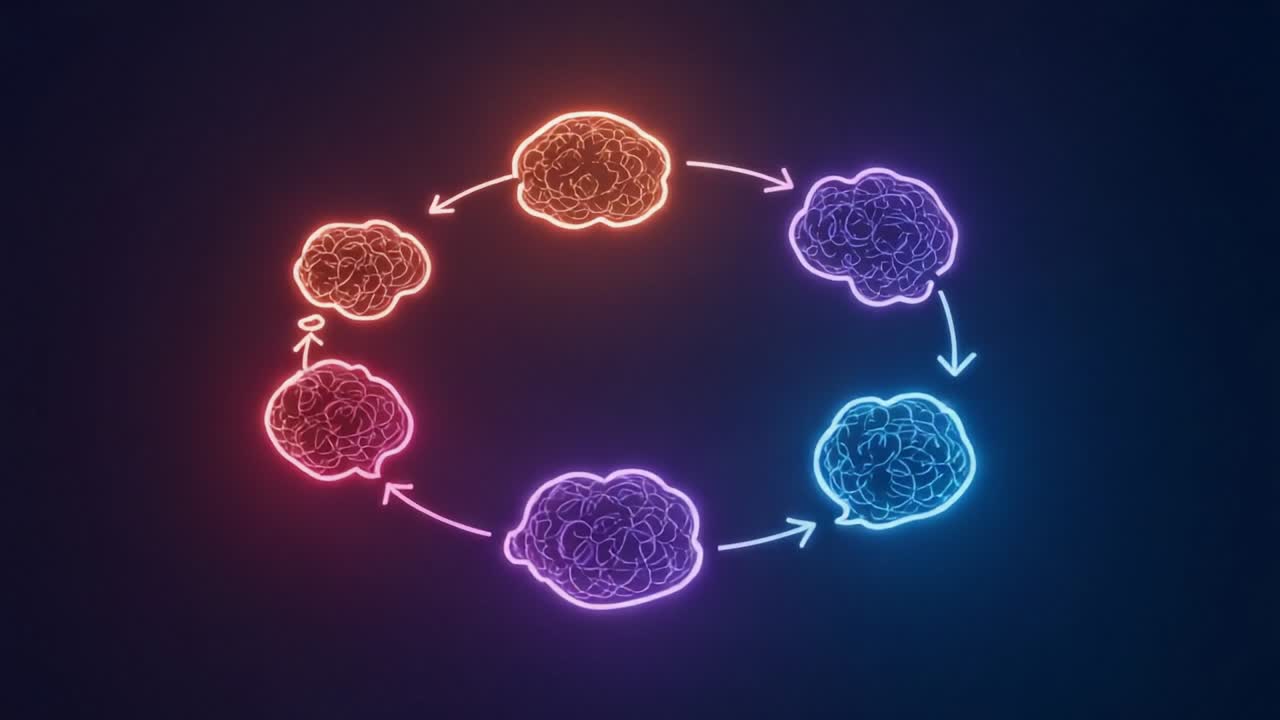 Understanding the Cycle of Ideas: Visual Representation of Brainstorming and Thought Processes in a Creative Flow with Neon Colors and Connecting Arrows