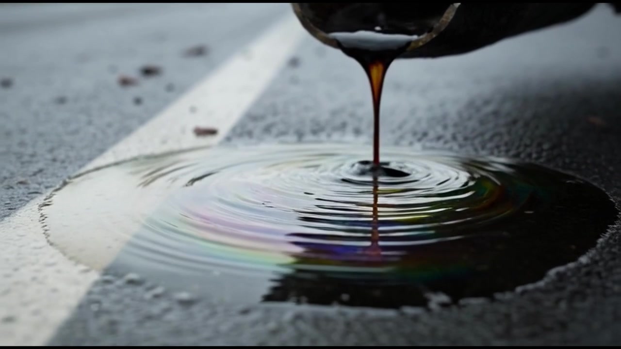 Dark Oil Leaking from Vehicle Exhaust Pipe onto Asphalt Road