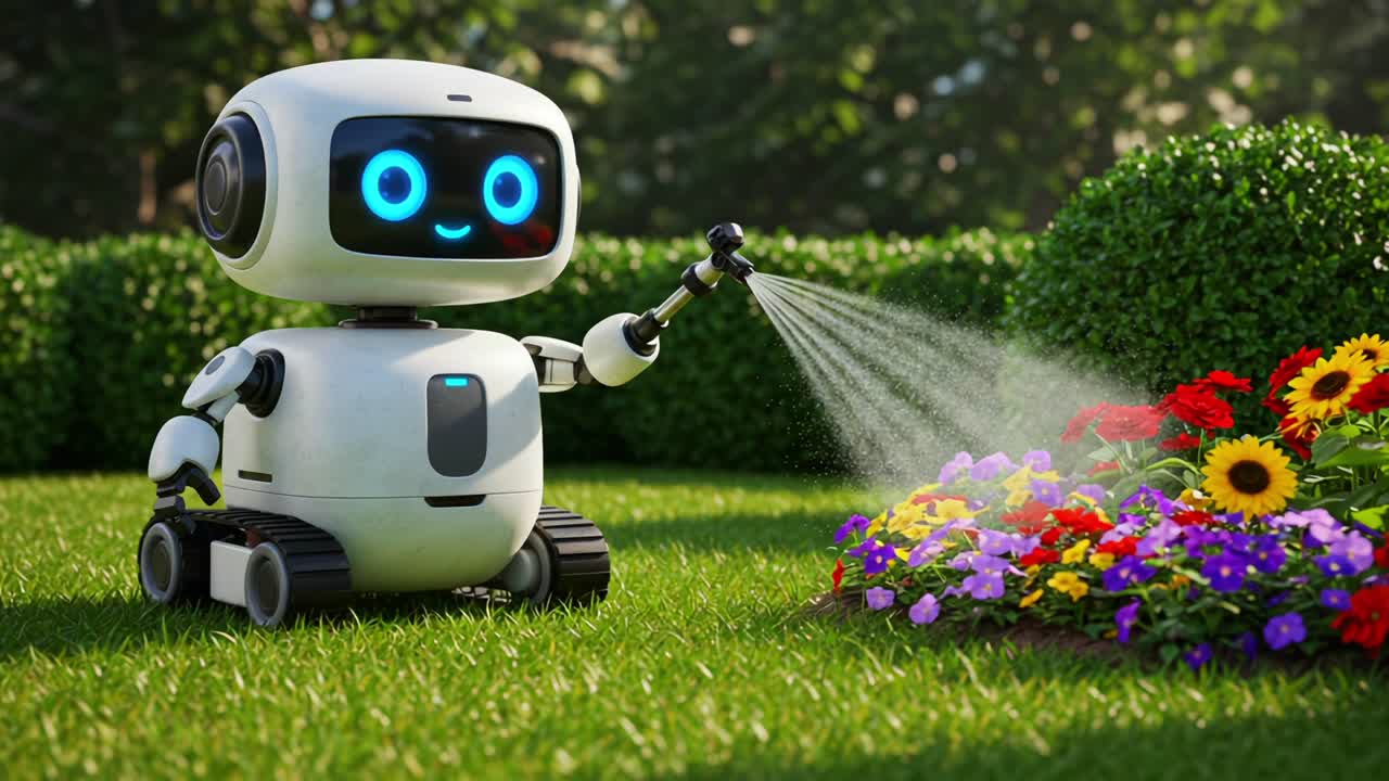 A Friendly Robot Watering Flowers in a Lush Garden Setting: Embracing Technology and Nature for Vibrant Greenery and Colorful Blooms