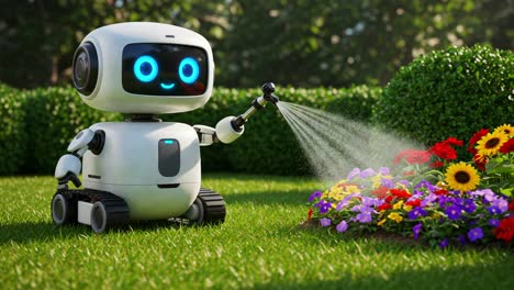 a friendly robot watering flowers in a lush garden setting: embracing technology and nature for vibrant greenery and colorful blooms